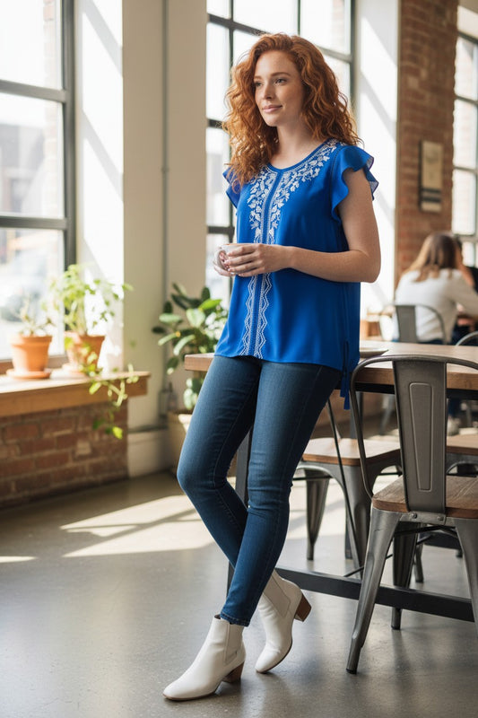 Blusa Casual Azul sin Mangas con Bordado – Talla S (Única Pieza)