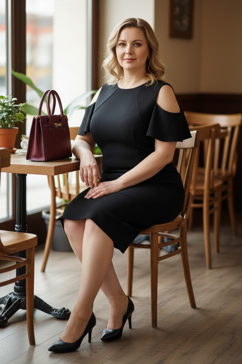 Vestido Negro Corto con Hombros descubiertos marca ZARA BASIC- Talla L