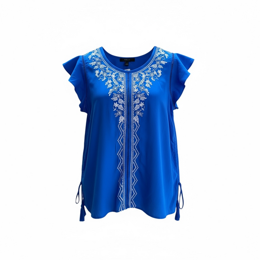 Blusa Casual Azul sin Mangas con Bordado – Talla S (Única Pieza)