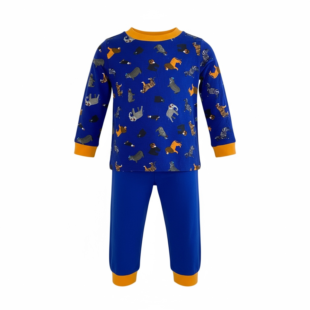 Pijama para niño color azul con puños amarillos y estampado de animalitos – Talla 5 años MACY’S