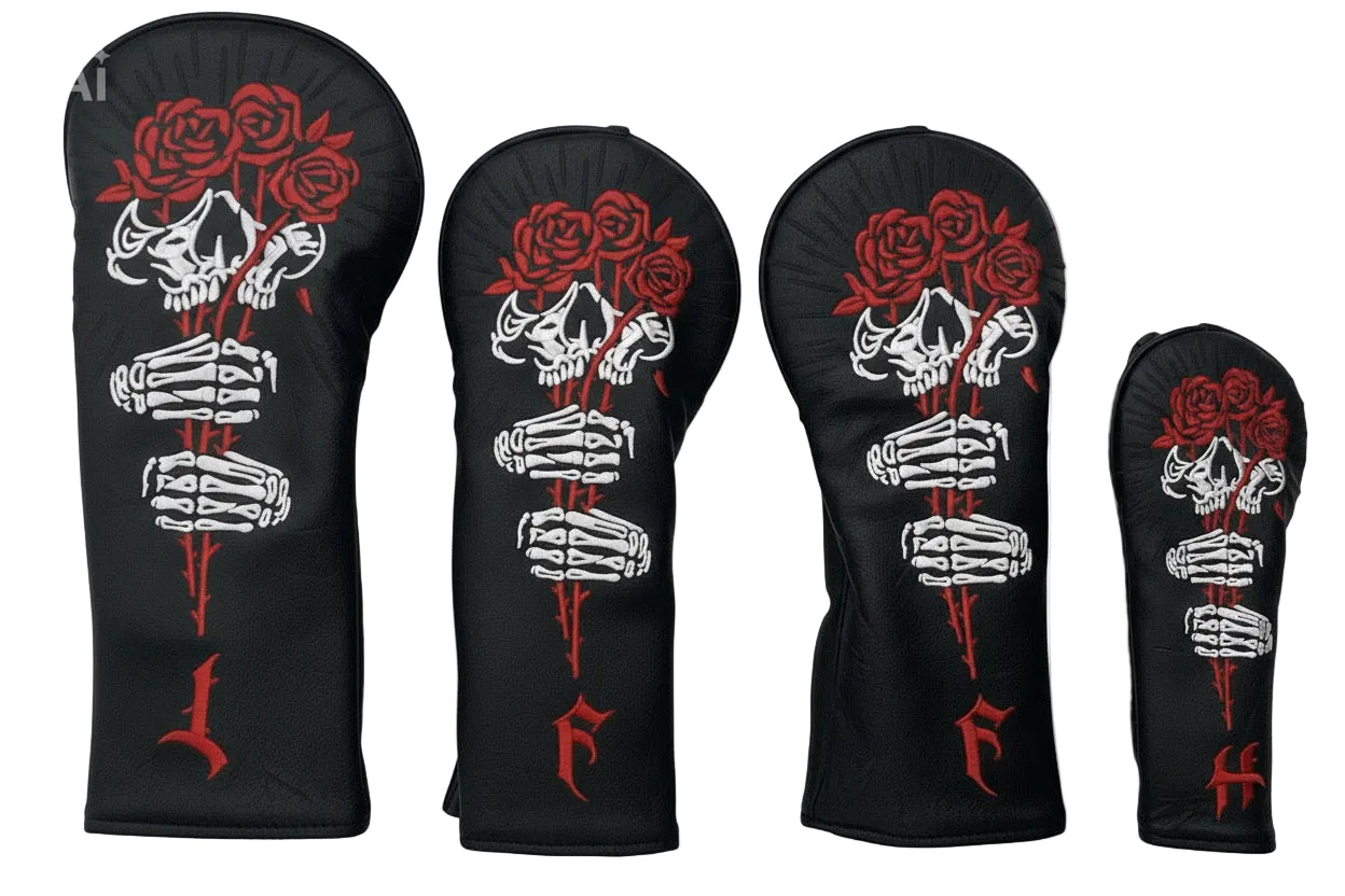 Set de 4 Fundas para Bastones de Golf – Diseño Calavera y Rosas
