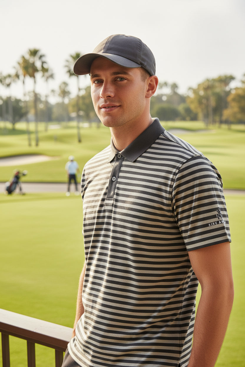 Camisa de golf para hombre talla M blanco y negro a rayas marca PETER MILLAR– Pieza única