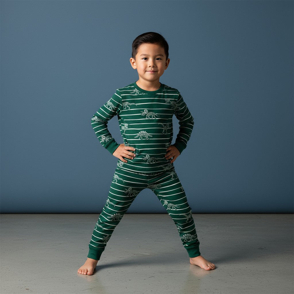 Pijama para niño color verde con rayas y estampado de dinosaurios – Talla 5 años MACY’S