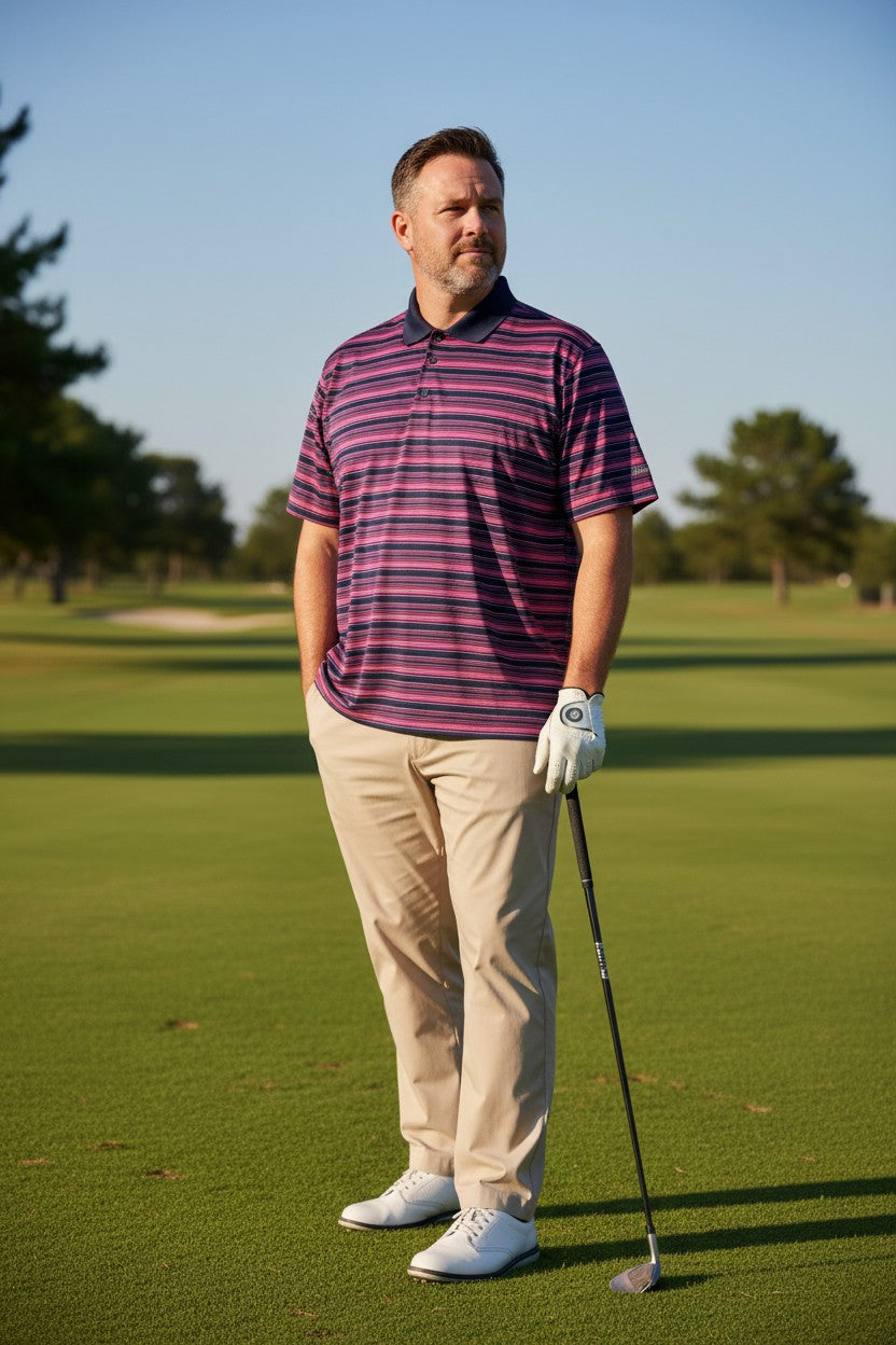 Camisa de golf para hombre talla XL marca WALTER HAGEN — Fucsia y azul marino a rayas