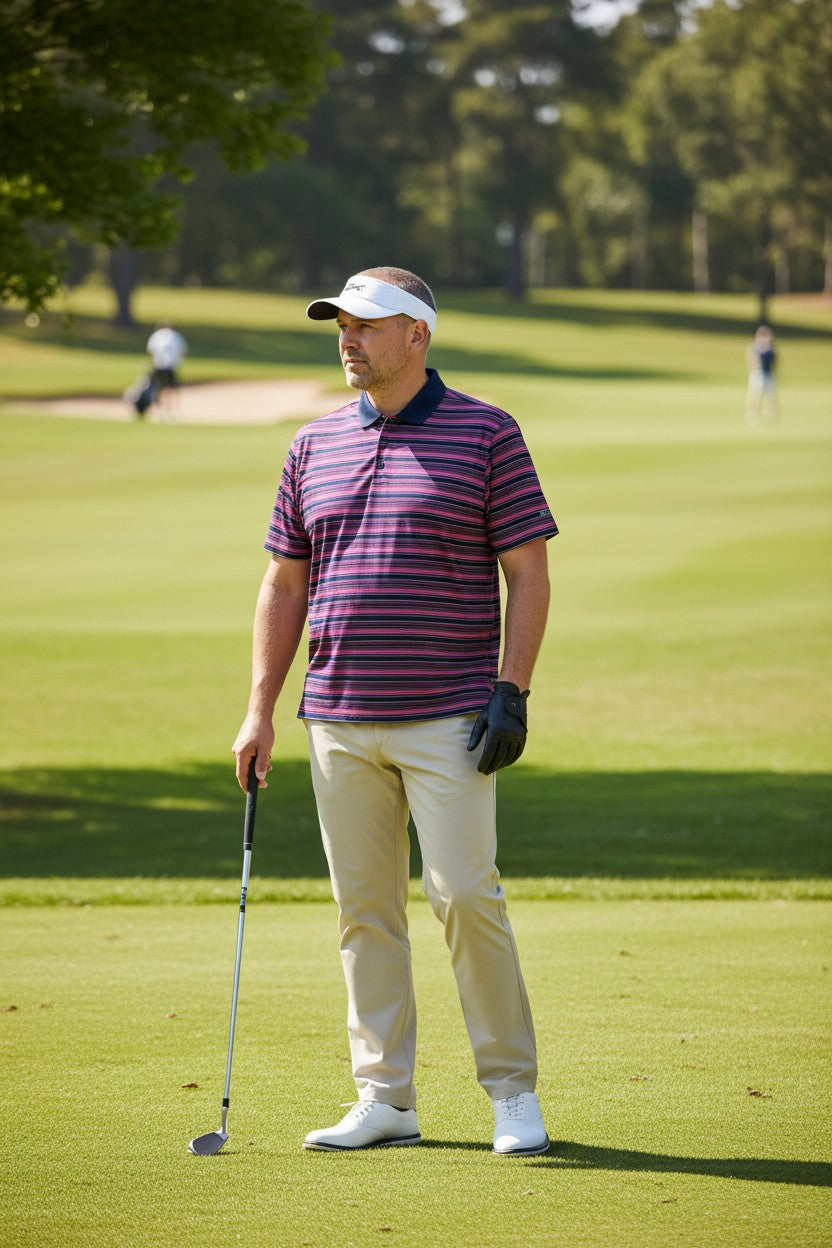 Camisa de golf para hombre talla XL marca WALTER HAGEN — Fucsia y azul marino a rayas