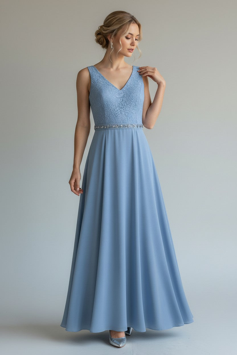 Vestido Largo de Fiesta Azul con Encaje y Pedrería MISSMAY- Talla S