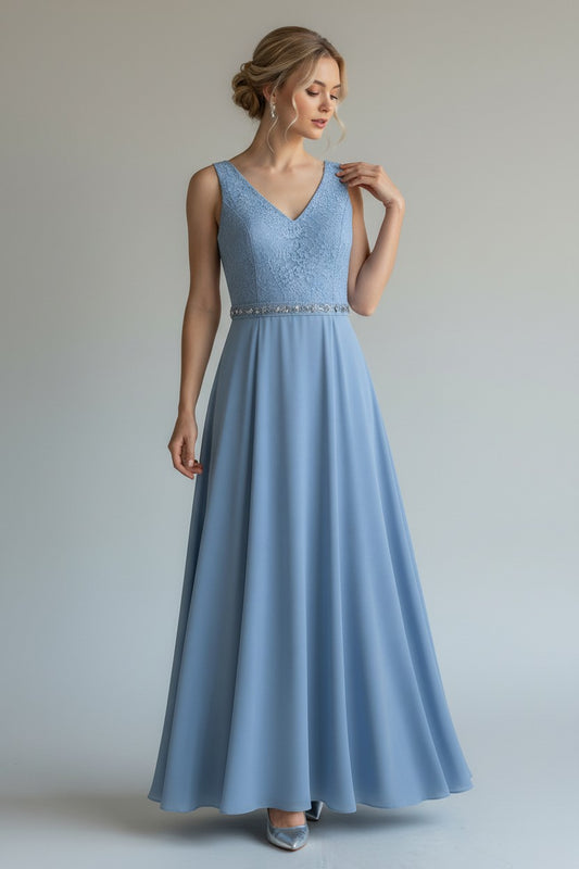 Vestido Largo de Fiesta Azul con Encaje y Pedrería MISSMAY- Talla S