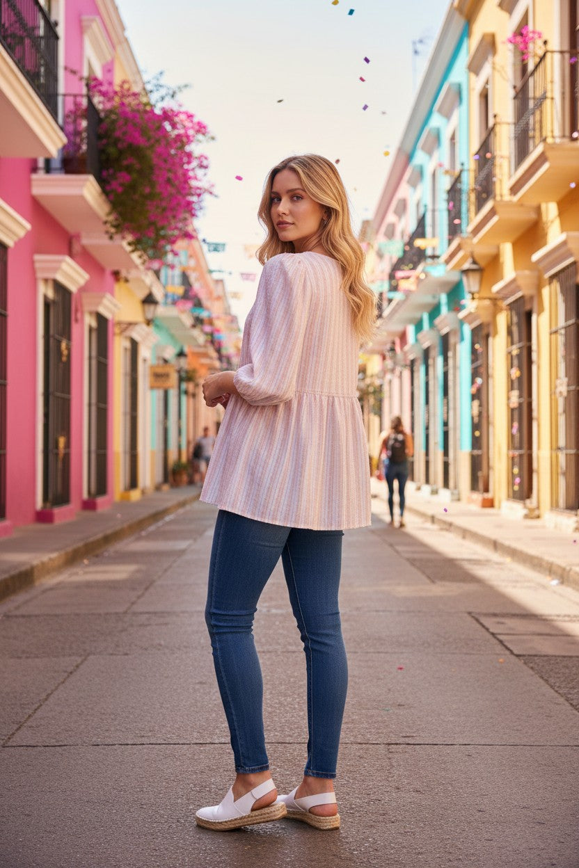 Blusa Casual Rosa con Cintura Ajustada TIME AND TRU– Talla M