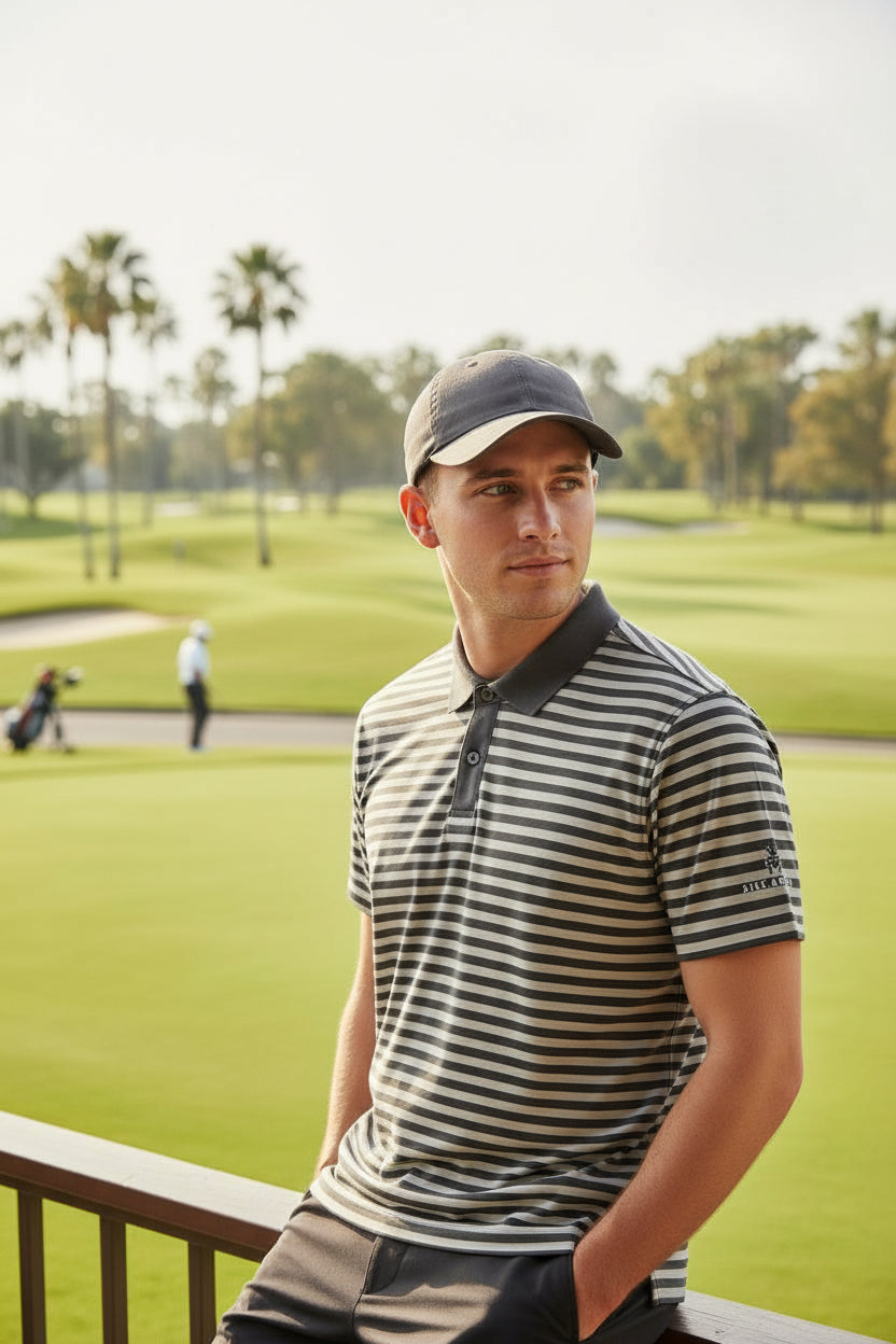 Camisa de golf para hombre talla M blanco y negro a rayas marca PETER MILLAR– Pieza única