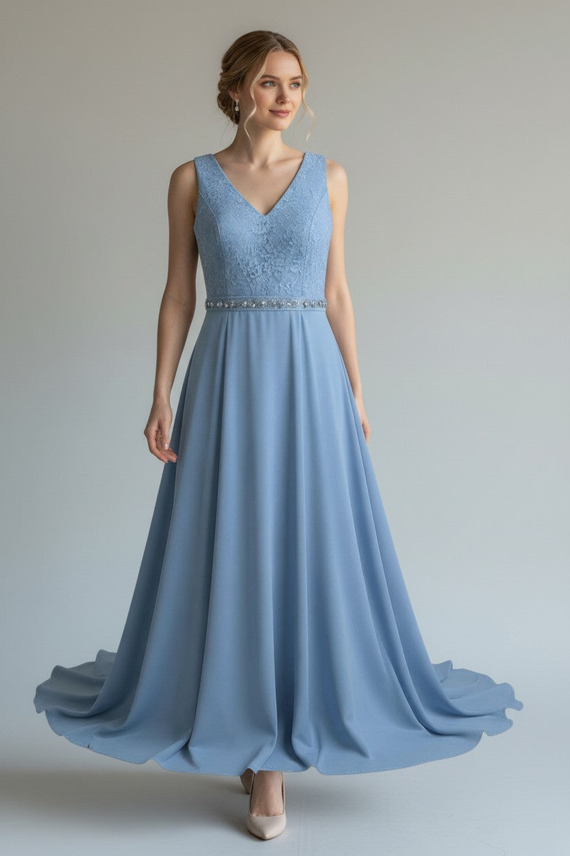 Vestido Largo de Fiesta Azul con Encaje y Pedrería MISSMAY- Talla S