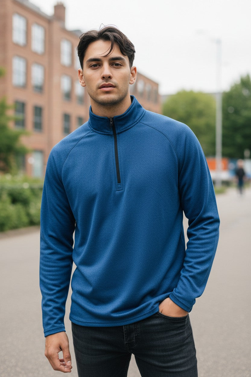Sudadera deportiva para hombre con cierre al cuello marca ELEVATE– Azul – Talla L