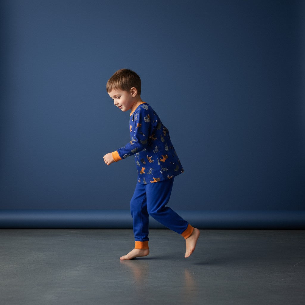 Pijama para niño color azul con puños amarillos y estampado de animalitos – Talla 5 años MACY’S