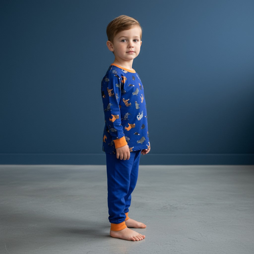 Pijama para niño color azul con puños amarillos y estampado de animalitos – Talla 5 años MACY’S