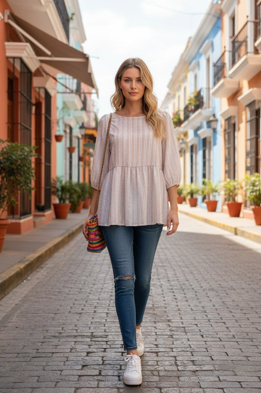 Blusa Casual Rosa con Cintura Ajustada TIME AND TRU– Talla M