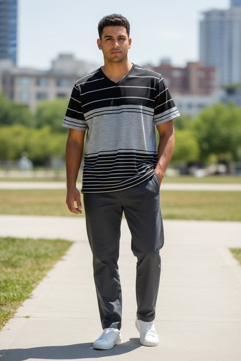 Camisa deportiva para hombre cuello V a rayas negra talla M – marca MECCA