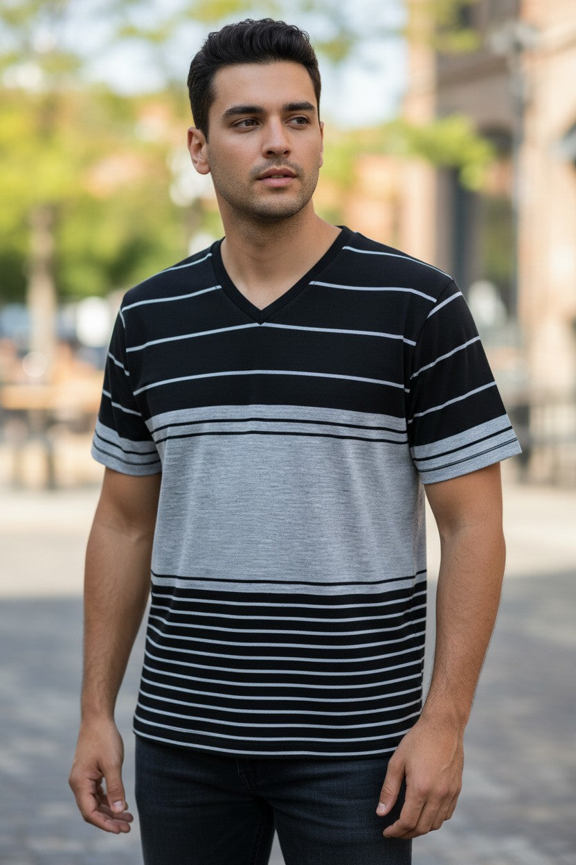 Camisa deportiva para hombre cuello V a rayas negra talla M – marca MECCA